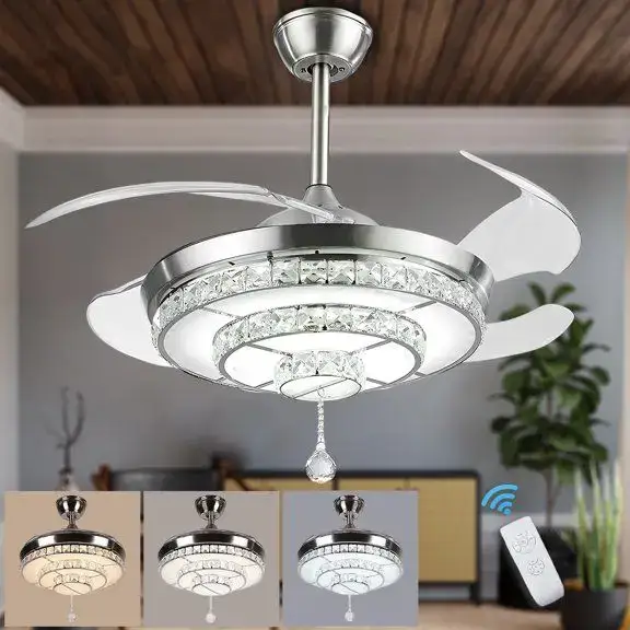 42-inch Ceiling Fan with Light, Retractable, Crystal Ceiling Fan, 3 Color Temperatures, 6 Speed, Chrome