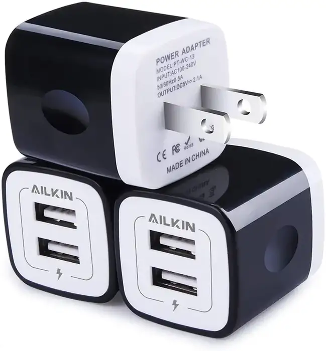 Ailkin, USB Charger Block, 3Pack, Dual Port 2.1Amp Fast Charge