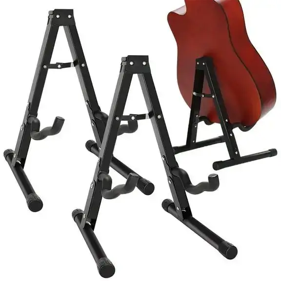 Behome Foldable Guitar Stand, Portable and Adjustable A-Frame Bass Guitar Display Stand, with Non-slip Rubber And Foam Arm, Black