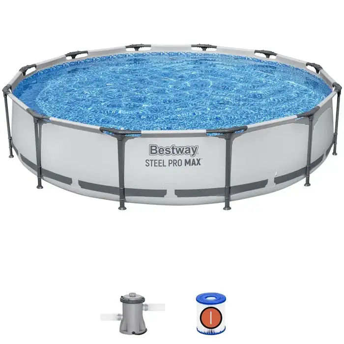 Bestway Steel Pro MAX 14' x 42" Grey Round Above Ground Swimming Pool Set, ClickConnect Frame, Tritech, Filter Pump-Ladder-Cover