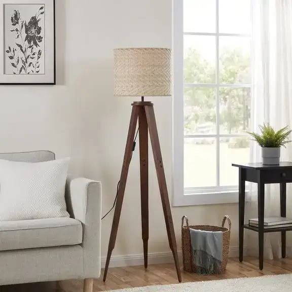 Better Homes & Gardens 63 in Natural Wood Tripod Floor Lamp with Pleated Shade