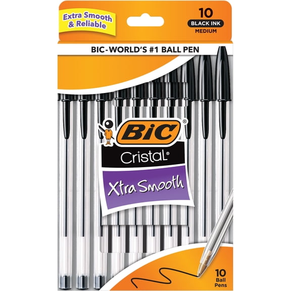 BIC Cristal Xtra Smooth Ball Pens, Medium Point (1.0 mm), Black, 10 Count
