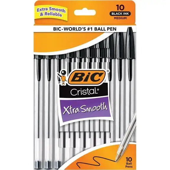 BIC Cristal Xtra Smooth Ball Pens, Medium Point (1.0 mm), Black, 10 Count
