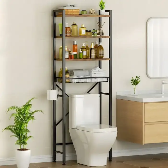 Capri Over Toilet Storage Shelf, 4-Tier Freestanding Bathroom Organizer, Rustic Brown