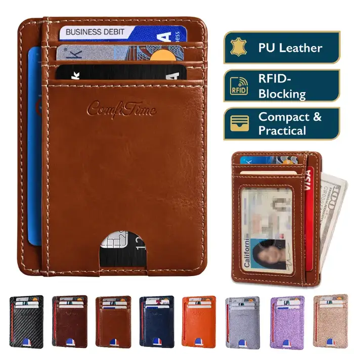 ComfiTime Slim Men's Wallet - RFID Minimalist Wallet for Men & Women, Small Thin Leather Wallet with ID Window, Credit Card Holder Front Pocket Wallet, Travel Accessories & Gift Box, Brown