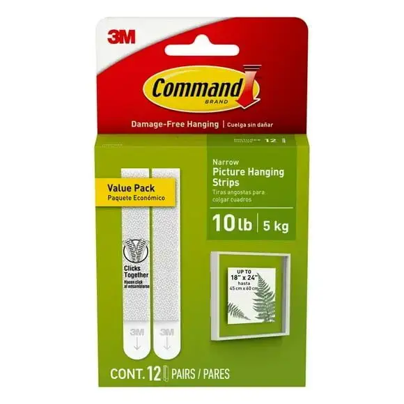 Command Narrow Picture Hangers, Holds 10 lb, White, 12 Pairs Adhesive Strips