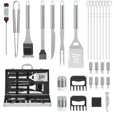 Cshidworld 30Pcs BBQ Grill Accessories Kit, Stainless Steel Utensils, Cleaning Brush, Burger Press, Storage Bag