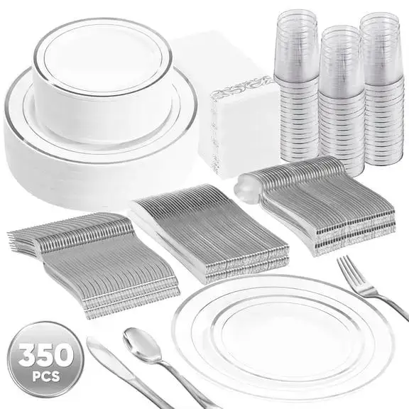 Daluvenix 350 Silver Plastic Dinnerware Set for 50 Guests