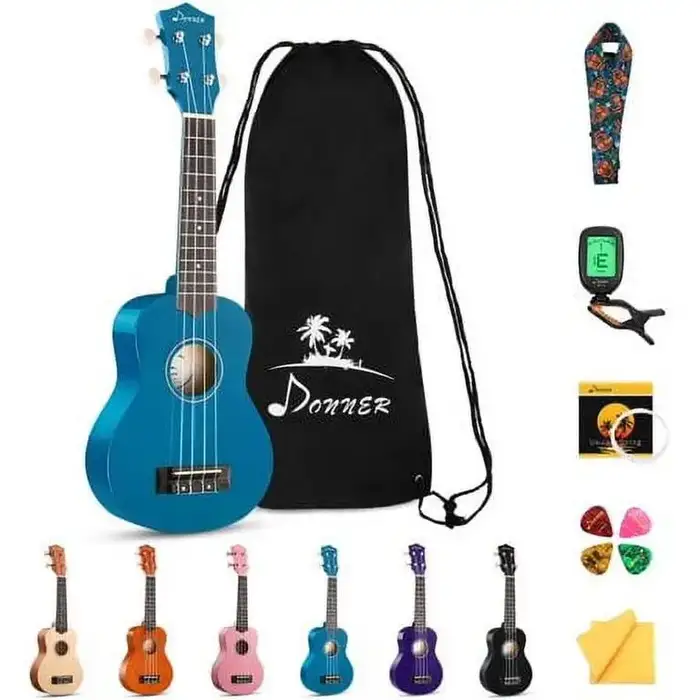 Donner 21" Soprano Ukulele Set, Rainbow Series, Mahogany, Kit with Lesson, Strap, Tuner, Pick, Cloth for Beginners