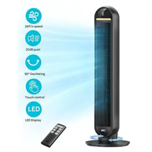 DREO 36" Tower Fan, 20dB Ultra Quiet, 8 Speeds & 4 Modes, 90° Oscillating, Remote, 8H Timer