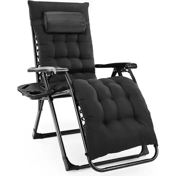 edx Zero Gravity Chair, Reclining Camping Lounge Chair with Removable Cushion, Headrest and Cup Holder Trays, Folding Patio Recliner for Indoor&Outdoor Use, 440LBS Capacity, Black