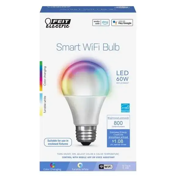 Feit Electric Smart LED 9 Watt (60 Watt Equiv) Color Changing Light Bulb, A19, E26, Dimmable, 6 Pack