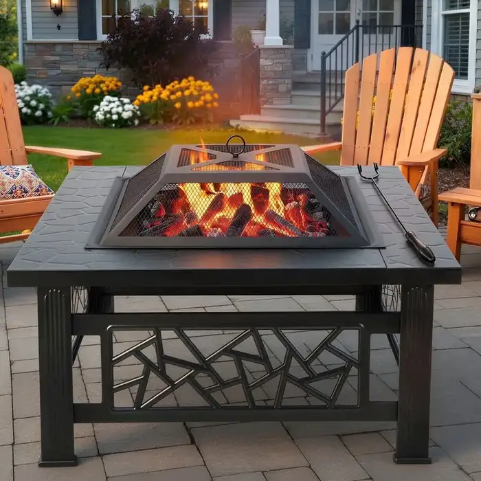 Fire Pits for Outside, 32" Wood Burning Fire Pit Tables with Screen Lid, Poker, BBQ Net, Ice Tray, Food Clip and Cover, Backyard Patio Garden Outdoor Fire Pit/Ice Pit/BBQ Fire Pit, Black