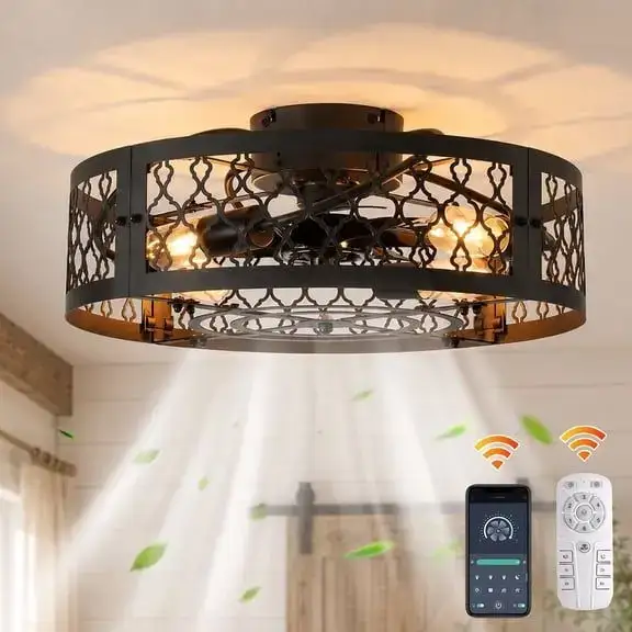 Garwarm 24.8" Black Ceiling Fan with Light and Remote, Low Profile Flush Mount