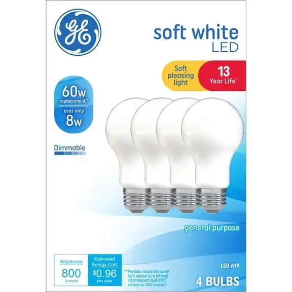 GE LED Light Bulbs, 60 Watt, Soft White, CA11 Bulbs, Medium Base, Clear Finish, 13yr, 4pk