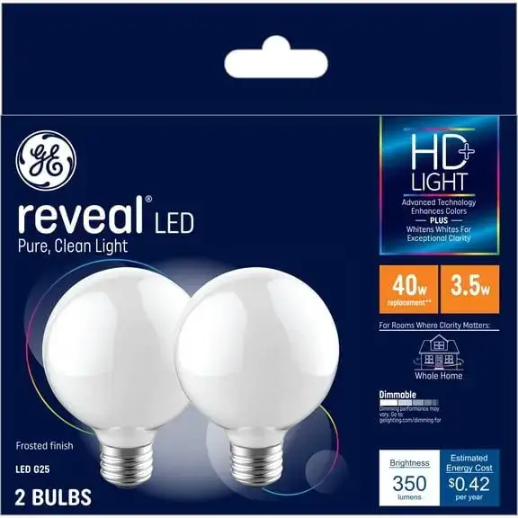 GE Reveal HD+ LED Light Bulbs, 40 Watts, G25 Globe Bulbs, 2pk