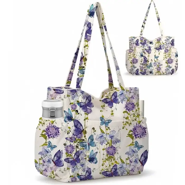 Gocvo Corduroy Tote Bag, Extra Large Tote Bag for Women, Soft and Lightweight Lady Handbags for Travel Work Everyday (Retro Flower)
