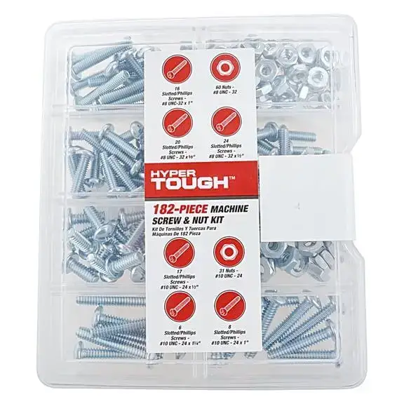 Hyper Tough 182-Piece Zinc Plated Machine Screw and Nut Assortment, Storage Case