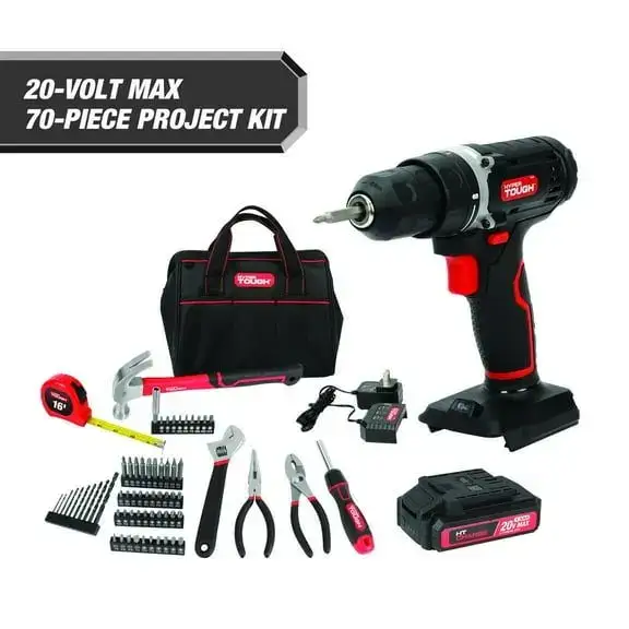 Hyper Tough 20V Max 70-Piece Cordless Drill Project Kit with 1.5 Ah Battery and Charger