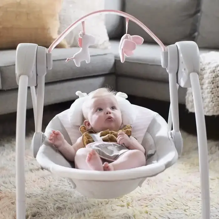 Ingenuity Soothe 'n Delight 6-Speed Portable Baby Swing with Music, Flora the Unicorn (Pink)