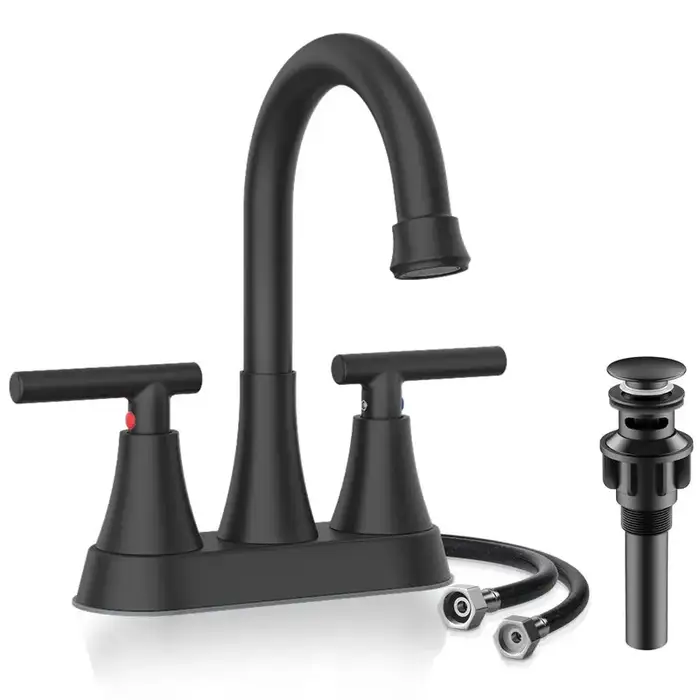 KINGTACK Bathroom Sink Faucet, 4 inch Matte Black Bathroom Faucets for Sink 3 Hole, 2-Handle Bathroom Sink Faucets with Pop-up Drain and Supply Lines