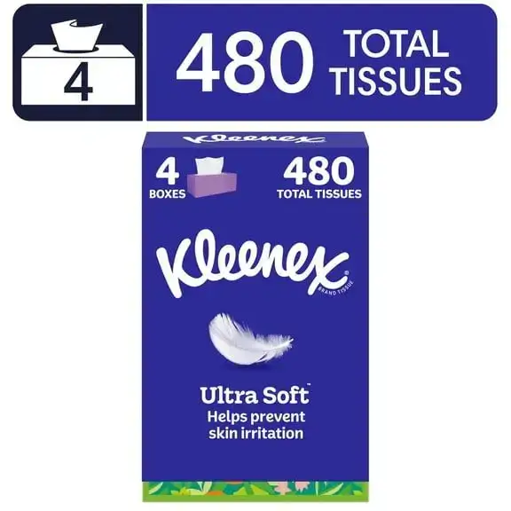Kleenex Ultra Soft Facial Tissues, 4 Flat Boxes, 120 Tissues per Box