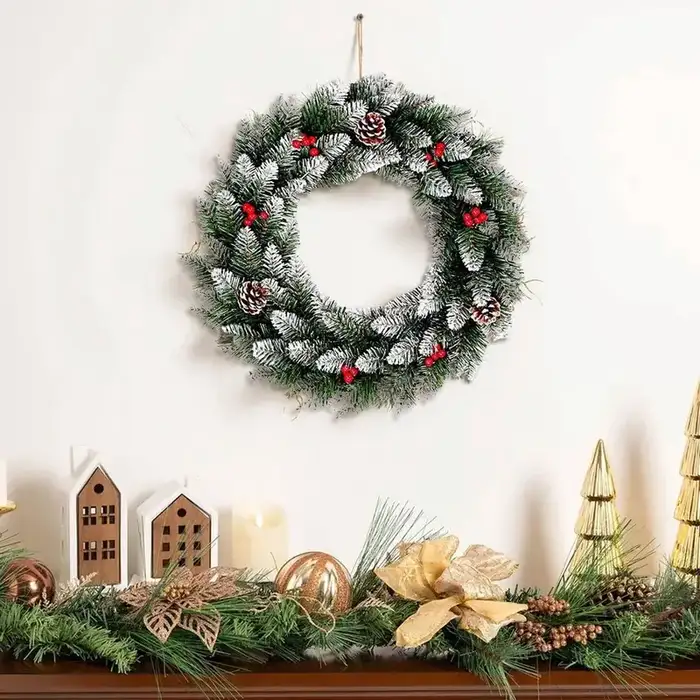 Ktaxon Snow Flocked Christmas Set of Garlands, Wreath and Christmas Tree for Porch Front Door Decor, Lighted Holiday Xmas Tree Indoor & Outdoor