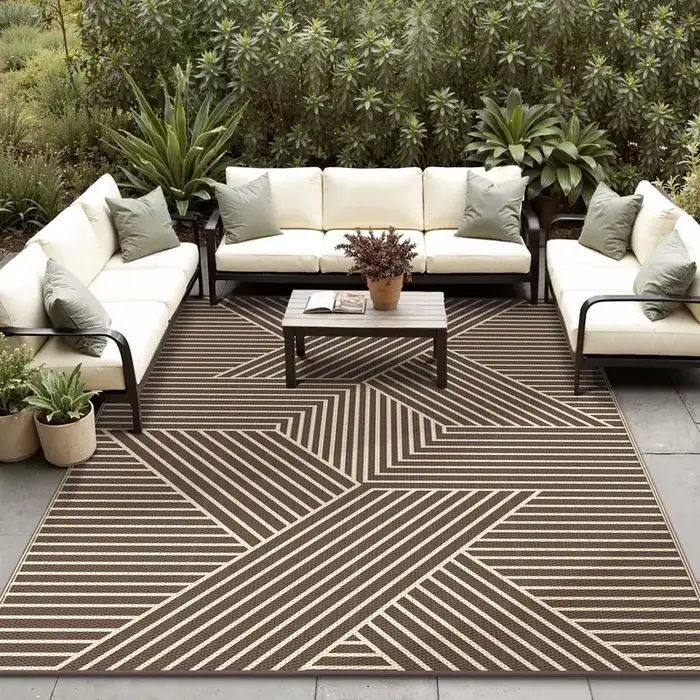 KUETH 5' x 8' Outdoor Rug Waterproof for Patio Carpet Plastic Reversible Straw Outdoor Rug for Camping Picnic Geometric Mat, Black & Brown