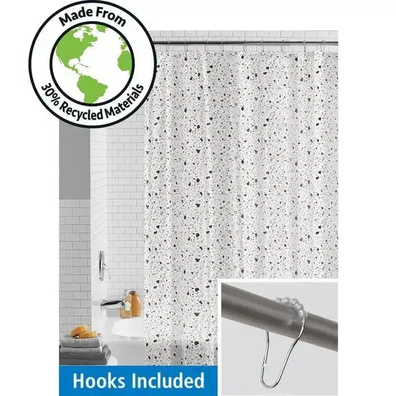 Mainstays Eco-friendly Waterproof PEVA Shower Curtain Set with Hooks, Black and White Terrazzo