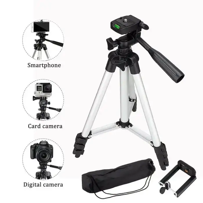 Onn+ 52 Inch Aluminum Tripod with Adjustable Height, Smartphone and GoPro Mount