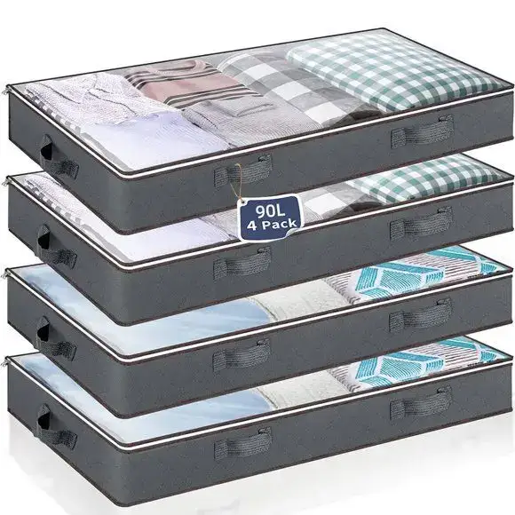 OVINESY Under Bed Storage Containers 4-Pack, Underbed Storage Bins for Clothes, Shoes, Blankets, Under the Bed Organizer with Clear Top, Sturdy Handles & Foldable Design