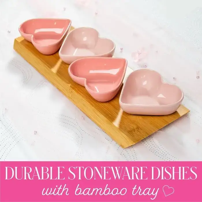 Paris Hilton London Collection 5-Piece Stoneware Heart Dip Bowl Set with Bamboo Serving Tray