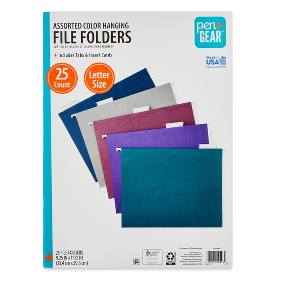 Pen+Gear Hanging File Folders, Letter Size, 1/5 Cut Tabs and Inserts, 25 Count, Assorted Jewel Tone