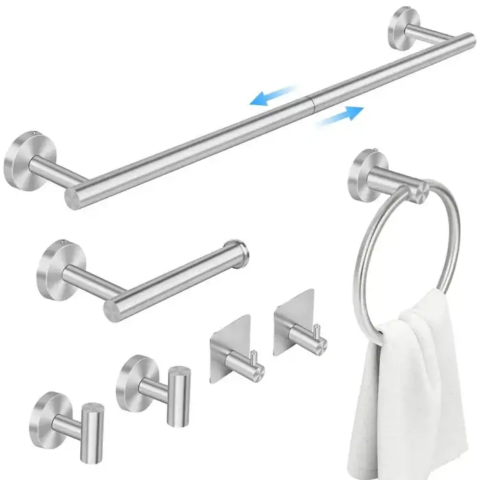 PHANCIR 7 Pcs Hardware Set for Bathroom, Stainless Steel, 24" Towel Bar, Toilet Paper Holder, Towel Ring, Robe Hooks, Nickel-Silver