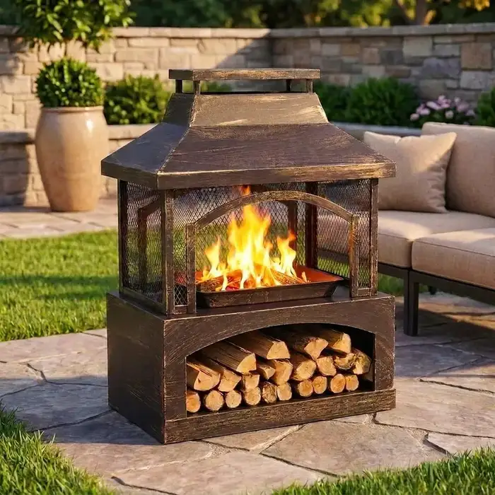 Red Mountain Valley 37" Steel Outdoor Wood-Burning Fire Pit, with Mesh Screen and Log Poker for Patio, Garden, Backyard Heating and Bonfire