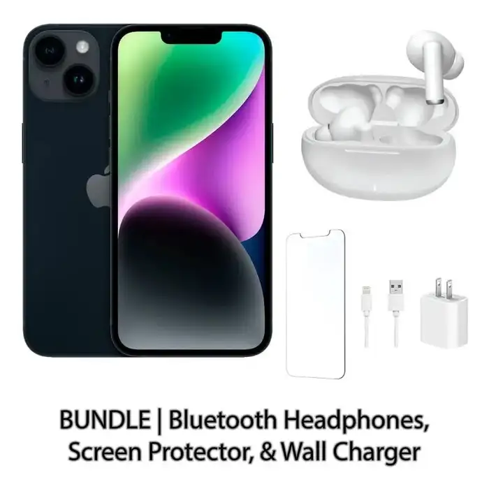 Restored Apple iPhone 14 128GB Red Fully Unlocked Bundle with LED Wireless Speaker, Bluetooth Headphones, Screen Protector, Wireless Charger, & Phone Stand