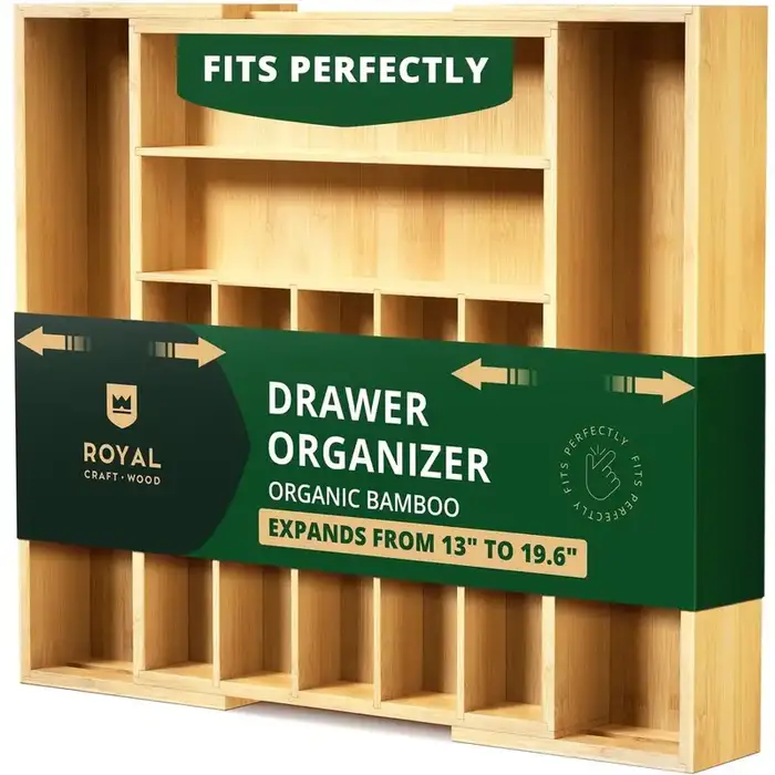 Royal Craft Wood Bamboo Kitchen Drawer Organizer, Expandable 6-8 Slot Utensil Holder, Silverware Tray
