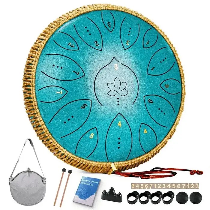 Steel Tongue Drum, 13 Inches 15 Notes Tongue Drum, Hand Pan Drum with Drum Mallets and Carry Bag, D Major, Blue