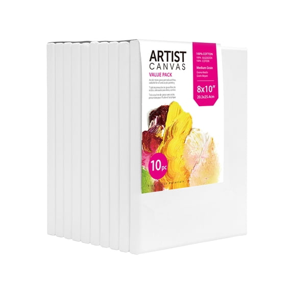 Studio Stretched Canvas, 8" x 10", 10 Pack, 100% Cotton, Acid Free, White, Academic Canvas For All Skill Levels