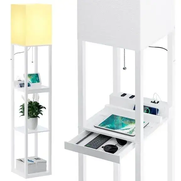 SUNMORY Large Size Floor Lamp with Shelves, 4-Tier Wood, 3 Color Temperature Bulb