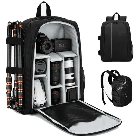 TIKBBRMG 17.72'' Camera Backpack, Camera Bag with Waterproof Cover, Tripod Holder & 15.6'' Laptop Compartment, Shockproof Photography Camera Case Compatible with DSLR/SLR/Mirrorless/Drone