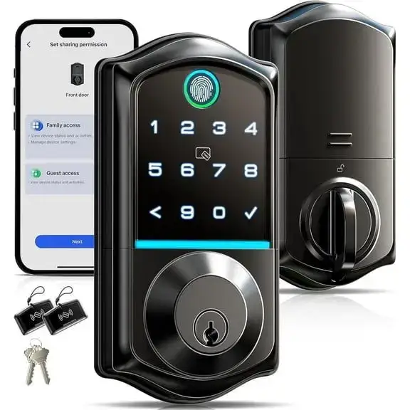 Veise Fingerprint Smart Locks for Front Door with 2 Lever Handle Set, App Control, Keyless Entry, Electronic Digital Keypad Deadbolt, Auto Lock, Waterproof, Matte Black