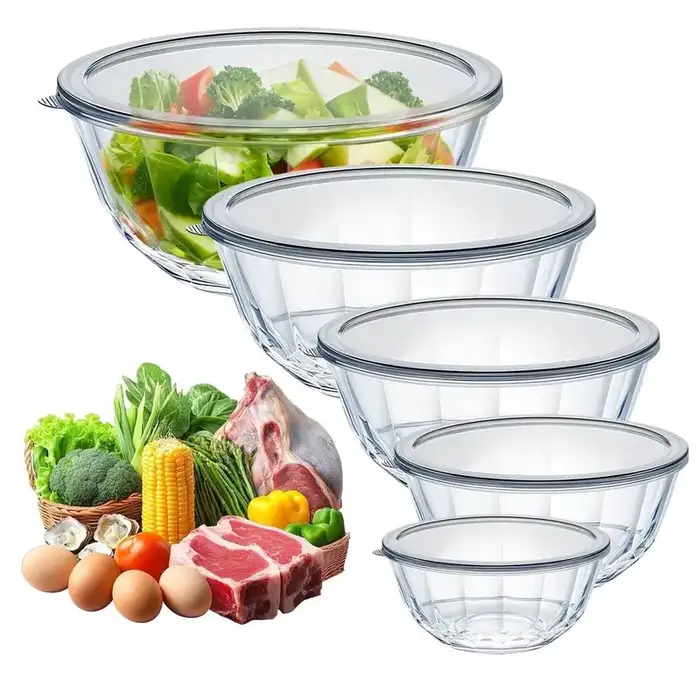 Vesteel Glass Mixing Bowl Set of 5 (4.8QT, 2.9QT, 1.7QT, 0.8QT, 0.5QT), Clear Nesting Salad Bowls, Dishwasher Safe