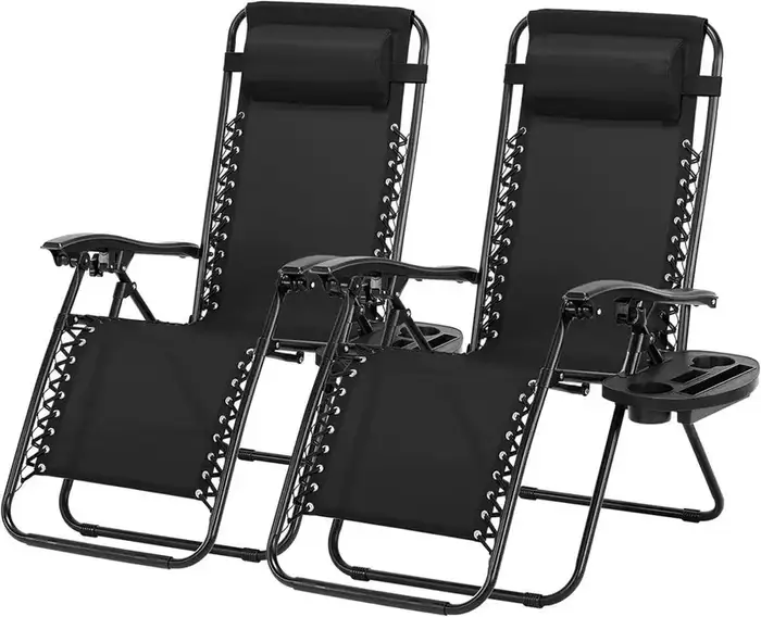 Zero Gravity Chair Set of 2 with Cup Holder & Removable Pillows, Adjustable Reclining Outdoor Patio Folding Chairs, Portable Lounge Chair for Poolside, Lawn, Beach, Camping
